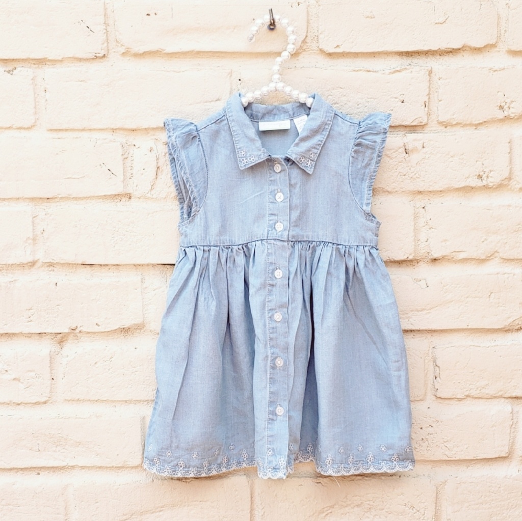 Girls Lyocell Denim Dress White Embroidered Trim